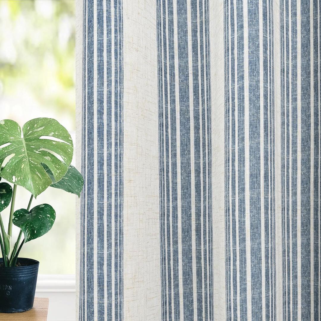 DriftAway Chris Linen Blackout Curtains with Thermal and Sound Reducing Layer 54 Inches Long for Bedroom Striped Printed Drapes Thermal Insulated Lined Window Treatments for Living Room Jean Navy (52"W x 54"L (Pack of 2))