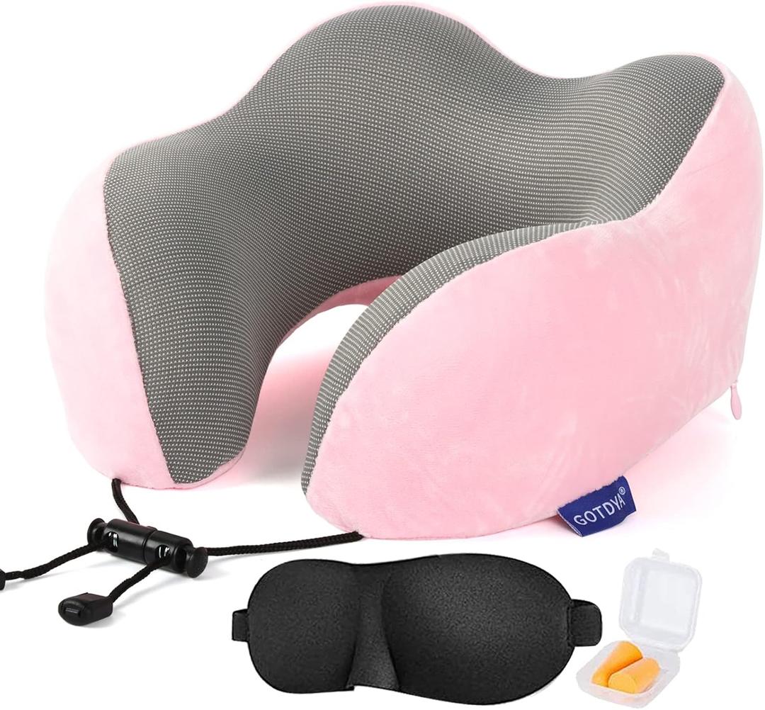 Travel Pillow, Travel Neck Pillows for Sleeping, 100% Pure Memory Foam Soft Comfort & Support Pillow for Airplane/Car/Office & Home Rest Use-Pink
