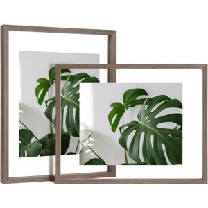 Egofine 11x14 Floating Frames Set of 2, Double Plexiglass Picture Frame, Made of Solid Wood Display Any Size Photo up to 11x14, Wall Mount or Tabletop Standing, Brown