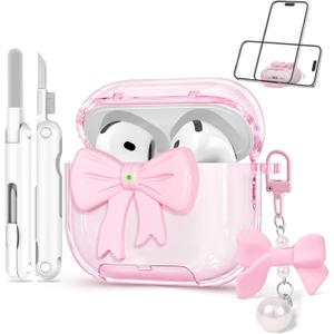 for Airpods 4 Case Pink 2024 with Safety Lock & Phone Stand, 3D Bow Clear iPod 4 Cases with Cute Keychain & Cleaning Kit, Soft TPU Cover for AirPods 4th Generation Case Girls Women