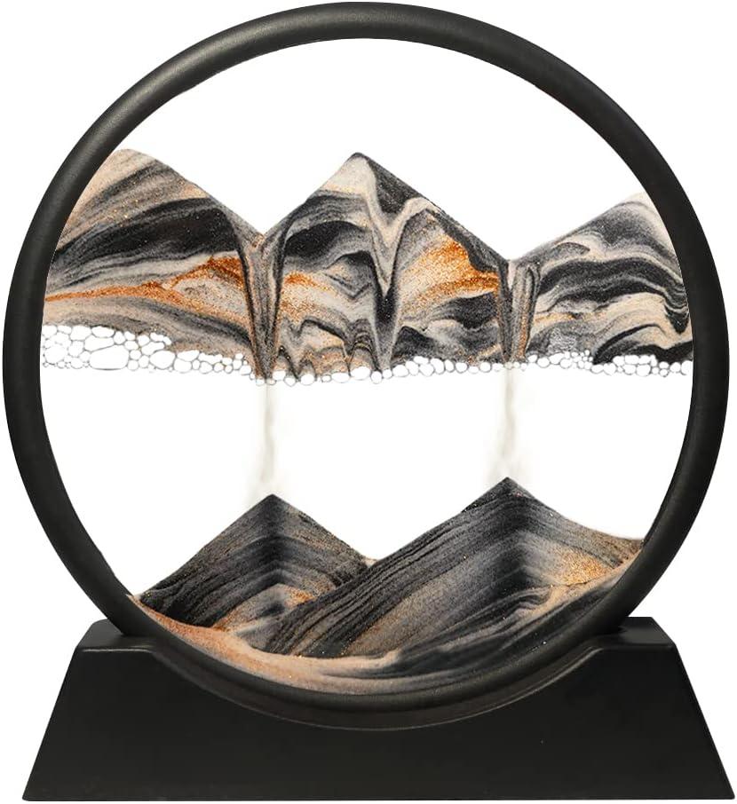 Muyan Moving Sand Art Picture Sandscapes in Motion Round Glass 3D Deep Sea Sand Art for Adult Large Desktop Art (Black, 7 Inch)