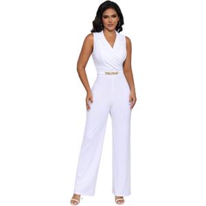 Women's Strapless Tube Top Rompers Casual Off Shoulder Solid Color Belted Wide Leg Jumpsuit with Pockets (White) Large
