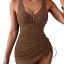 B2prity Women's Mesh One Piece Swimdress Swimsuit Tummy Control V Neck U Ring Bathing Suit Drawstring Sarong Swimwear (Large, Brown)