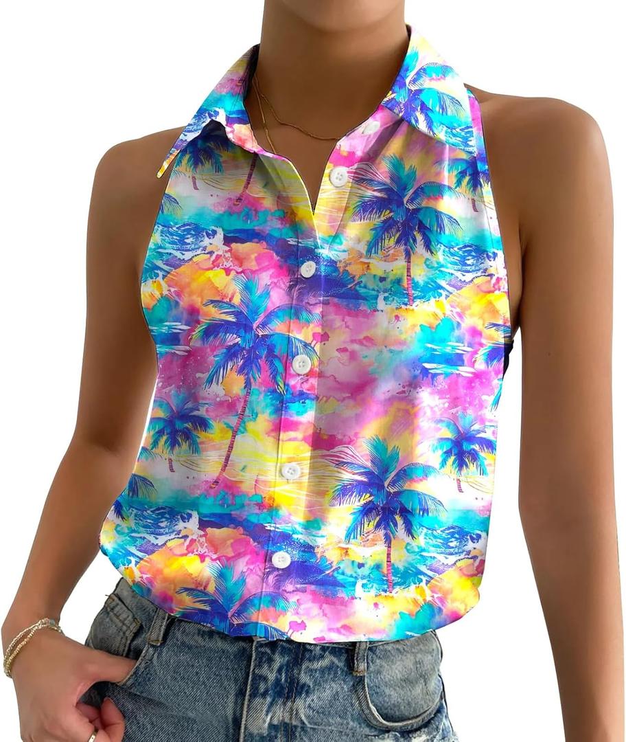 ASTANFY Women Hawaiian Shirts Summer Beach Tank Tops Colorful Sleeveless Vacation Shirts (M)