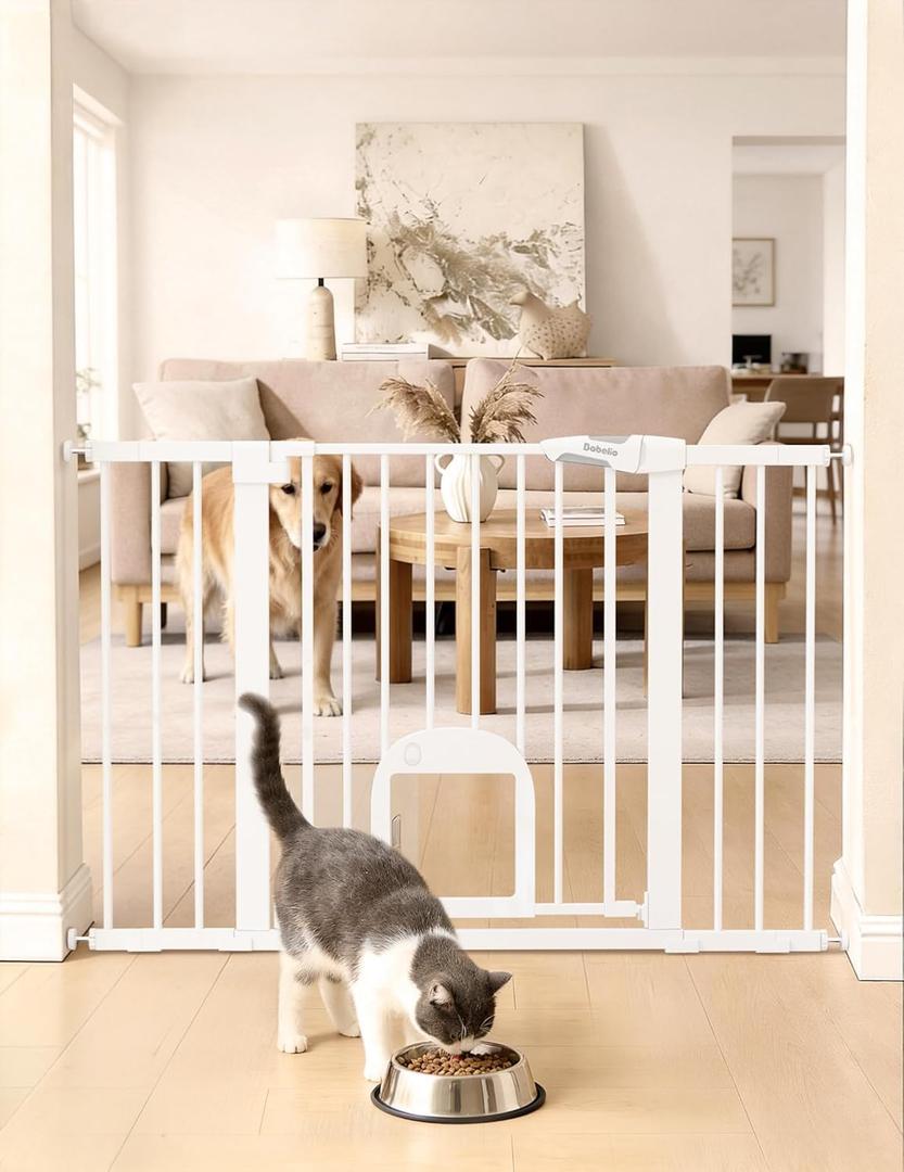 Babelio 29-48" Extra Wide Baby Gate with Adjustable Cat Door,Easy Install Pressure/Hardware Mounted,Auto Close Pet door for Stairs,House,Doorways,Effortless Walk Thru,White