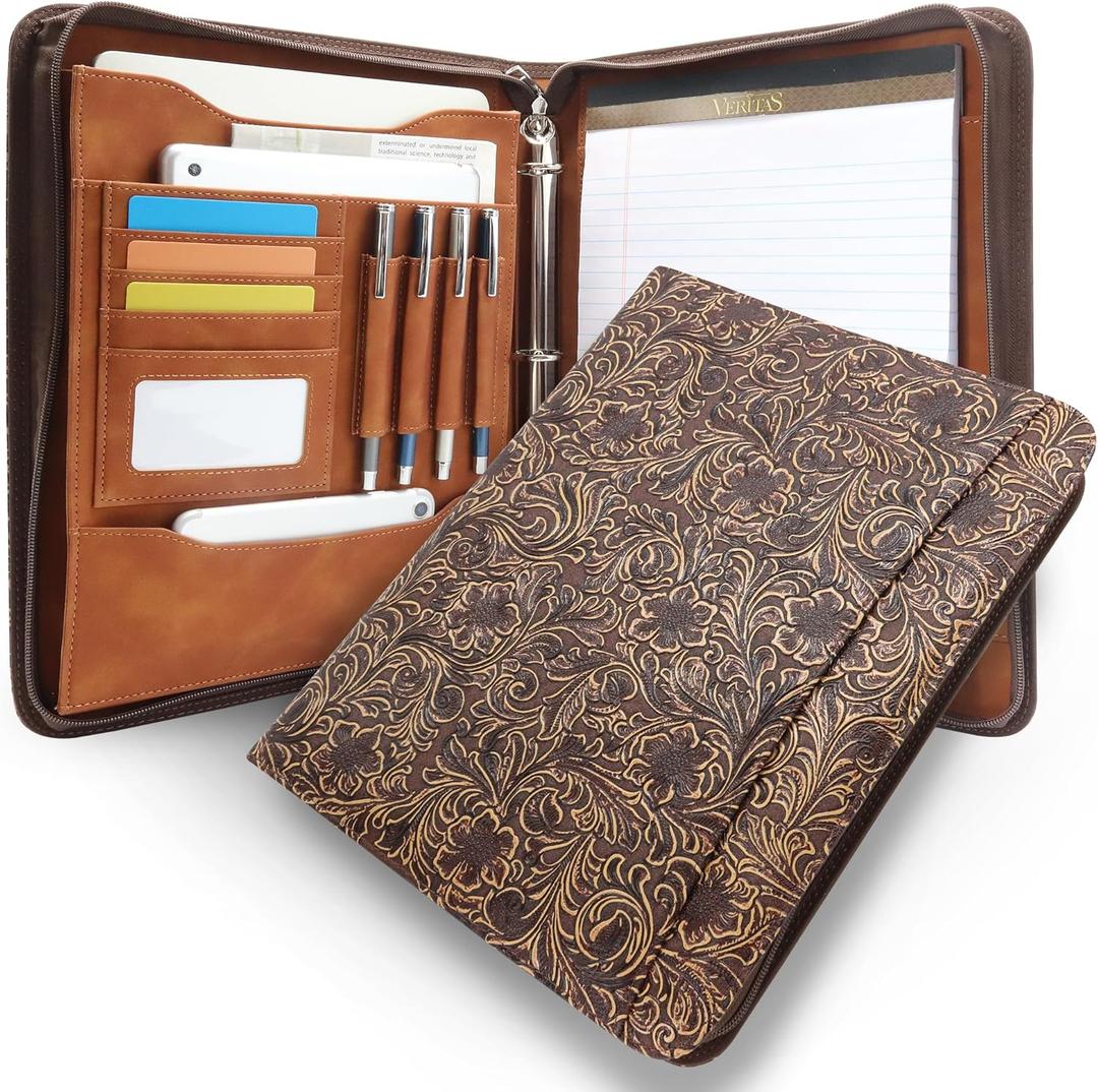 Western Vintage Floral Embossed Faux Leather Zippered Padfolio with 3 Ring Binder, Executive Portfolio Organizer Binder for Women, Fits 13.9" Laptop/Tablet, Refillable Writing Pad Pocket (Zipper Portfolio(13.7"x11"x1.57"))