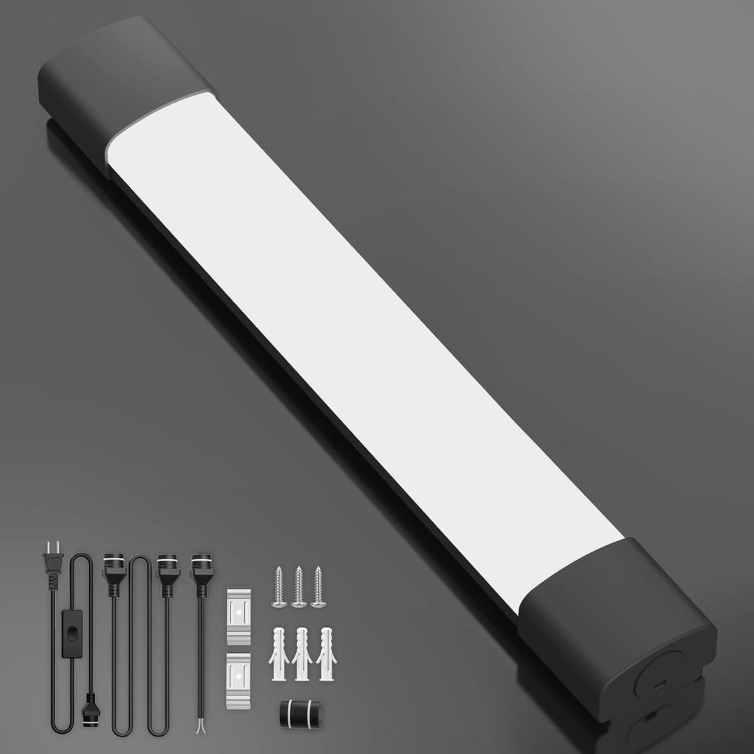 LED Garage Light 2FT Linkable Plug in Ceiling Light Fixture, 5000K Workbench TubeLight with Switch, 18W Overhead Lighting Bar for Room Shop Cabinet Closet Kitchen, IP65 Waterproof, Black