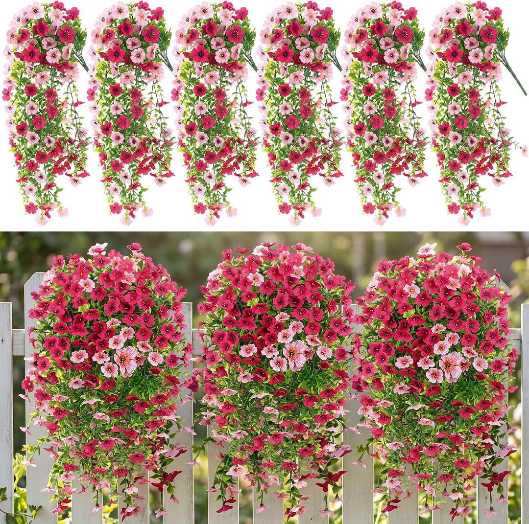 6 Pcs Artificial Fake Hanging Flowers Plants for Outdoor Decoration Faux Silk Long Vine UV Resistant Look Real for Spring Summer Outside Home Porch Patio (Red Pink)