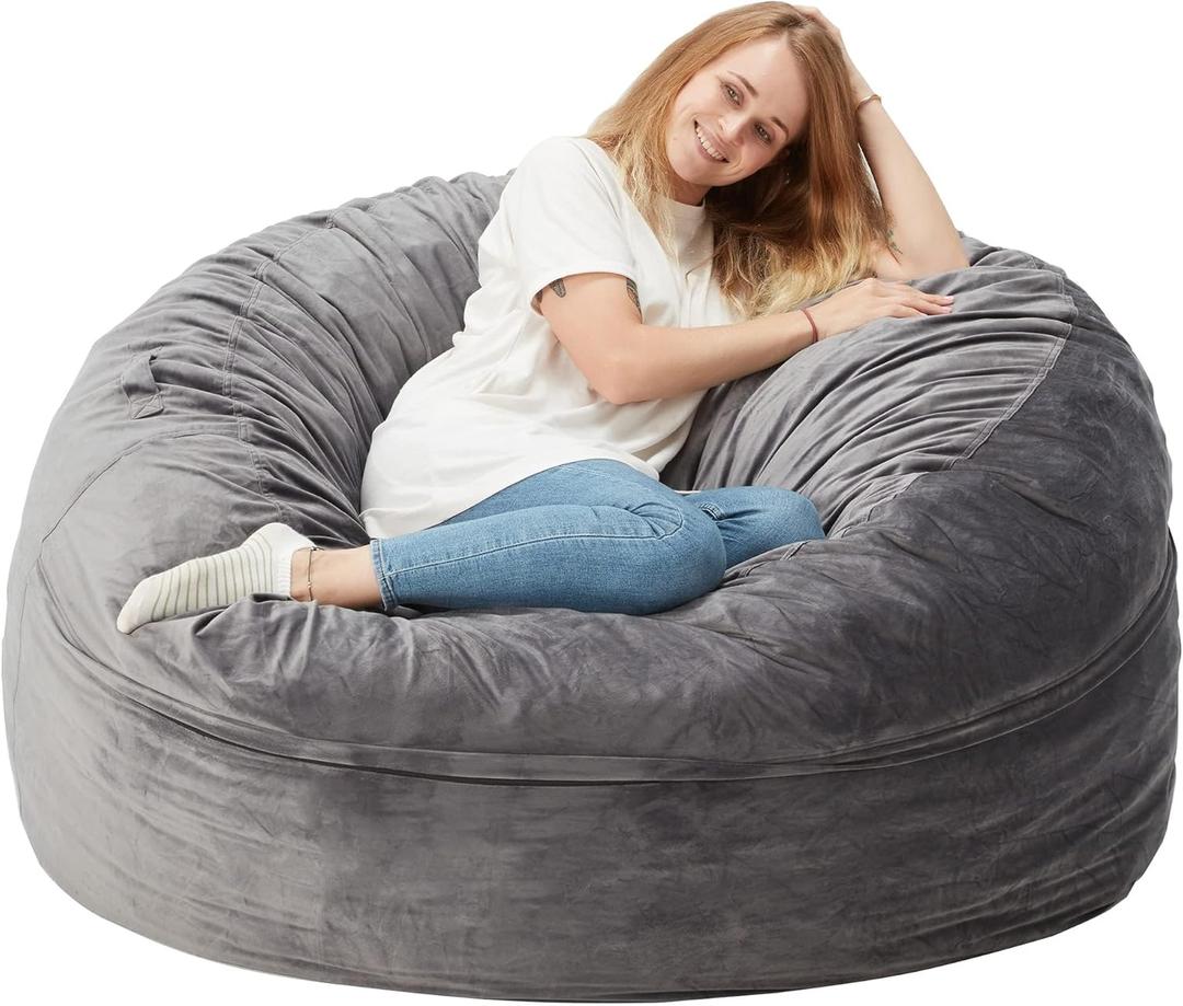 Homguava 5FT Bean Bag Chair Giant BeanBag with Memory Foam Filled, Comfy Bean Bag Chairs for Adults, Adult Bean Bag Chair with Dutch Velvet Cover for Living Room Bedroom-Grey