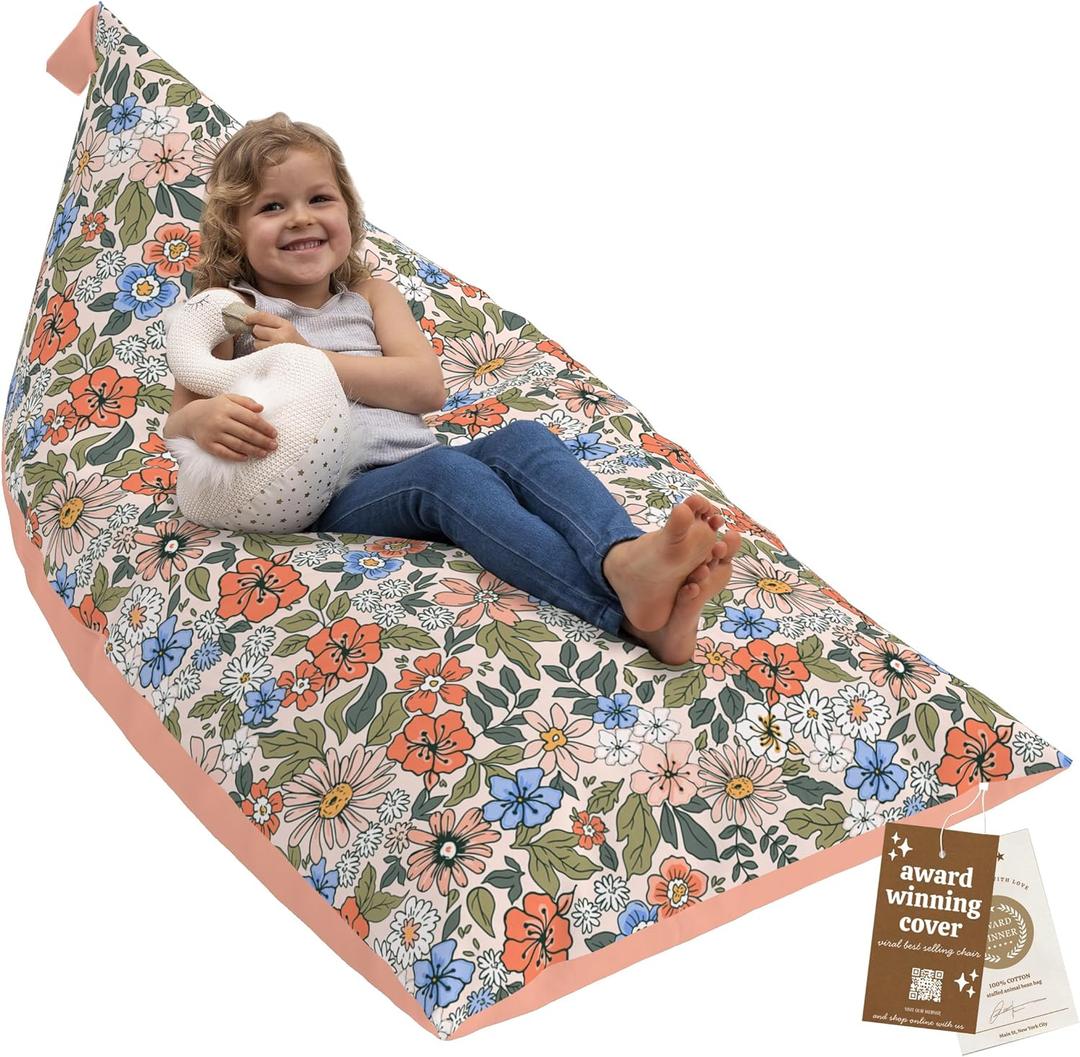 HUDDLE Original Cover for Stuffed Animal Bean Bag Storage (No Filler) XL Designer Beanbag Chairs for Kids & Adults | Instant Clutter Clear for Stylish Moms - 100% Cotton Canvas Chair Cover Boho Floral