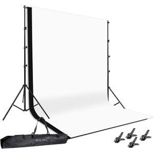 HYJ-INC Photo Background Support System with 8.5 x 10ft Backdrop Stand Kit, 100% Cotton Muslin Backdrop (White Black),Clamp, Carry Bag for Photography Video Studio