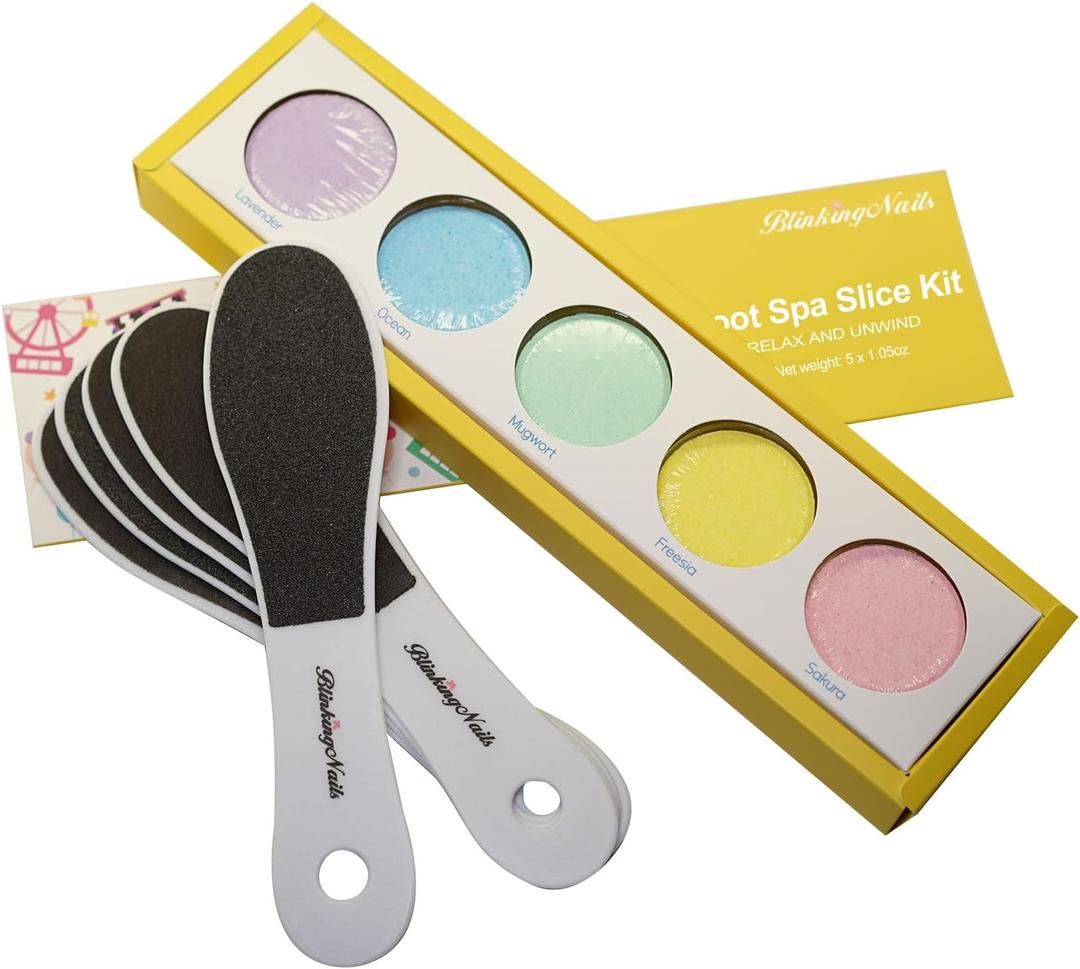 Foot Bath Bombs with 5 Foot Files - 5 Scented Foot Soak Tablets for Dry Cracked Heels, Callus Remover Tool Kit, Relaxing Spa Pedicure Set for Home, Gift for International Women's Day (Bnffb001)