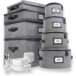 HOMELUX THEORY 8pcs Hard Shell China Storage Containers, Mug Storage, Wine Glass, Utensils, & Plate Storage Containers with Lid, Heavy Duty Dinnerware Storage for Packing Plates, Glassware & Cutlery