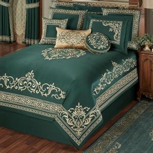 Balmoral Luxury Bedding | Imperial Emerald Green | Palace-Inspired Golden Scrollwork Embroidery on Sateen | 7 Piece Set Includes Cal King Comforter, Bedskirt, 2 King Shams, and 3 Decorative Pillows