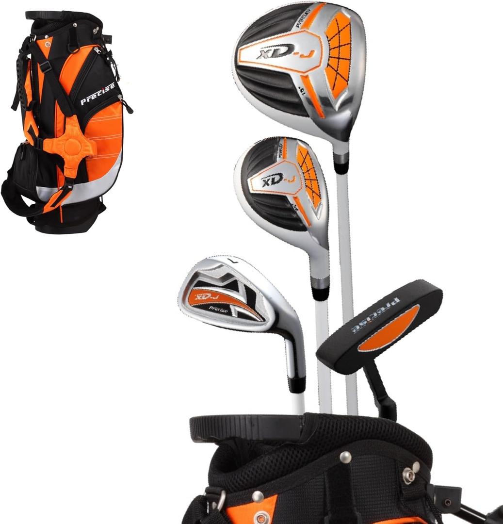 Precise XD-J Kids Golf Clubs Set  Boys & Girls Junior Golf Set with Lightweight Graphite Shafts, Hybrid, Putter & Stand Bag (Left Hand, Orange Ages 3-5)