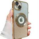 SGVAHY Case Compatible with iPhone 14 Plus Magnetic Glitter MagSafe Slim Shockproof Anti-Scratch Full Protection with Camera Lens Protector Logo View Dustproof Mesh Designed Gold
