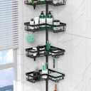 Corner Shower Caddy Tension Pole - 4 Tier Stainless Steel Rustproof Shower Corner Caddy for Bathroom Shower Organizer Shelves Adjustable Pole 25-114.2 Inch Black (Dark Black)