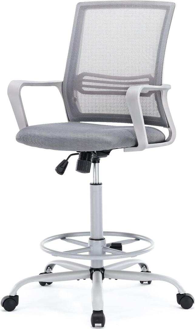 OLIXIS Drafting Chair - Tall Standing Office Desk Chair with Adjustable Foot Ring, Chair with Ergonomic Lumbar Support, Adjustable Height, Breathable Mesh, Grey (DR1839F-GY)