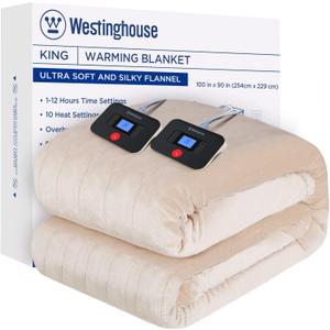 Westinghouse Electric Blanket King Size, Super Cozy Soft Flannel 100"" x 90"" Heated Blanket with 10 Fast Heating Levels & 1-12 Auto-Off, Machine Washable, ETL&FCC Certification, Beige