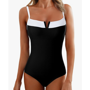 Herseas Women's V Wire One Piece Swimsuit Color Block Patchwork Bathing Suit, Size L