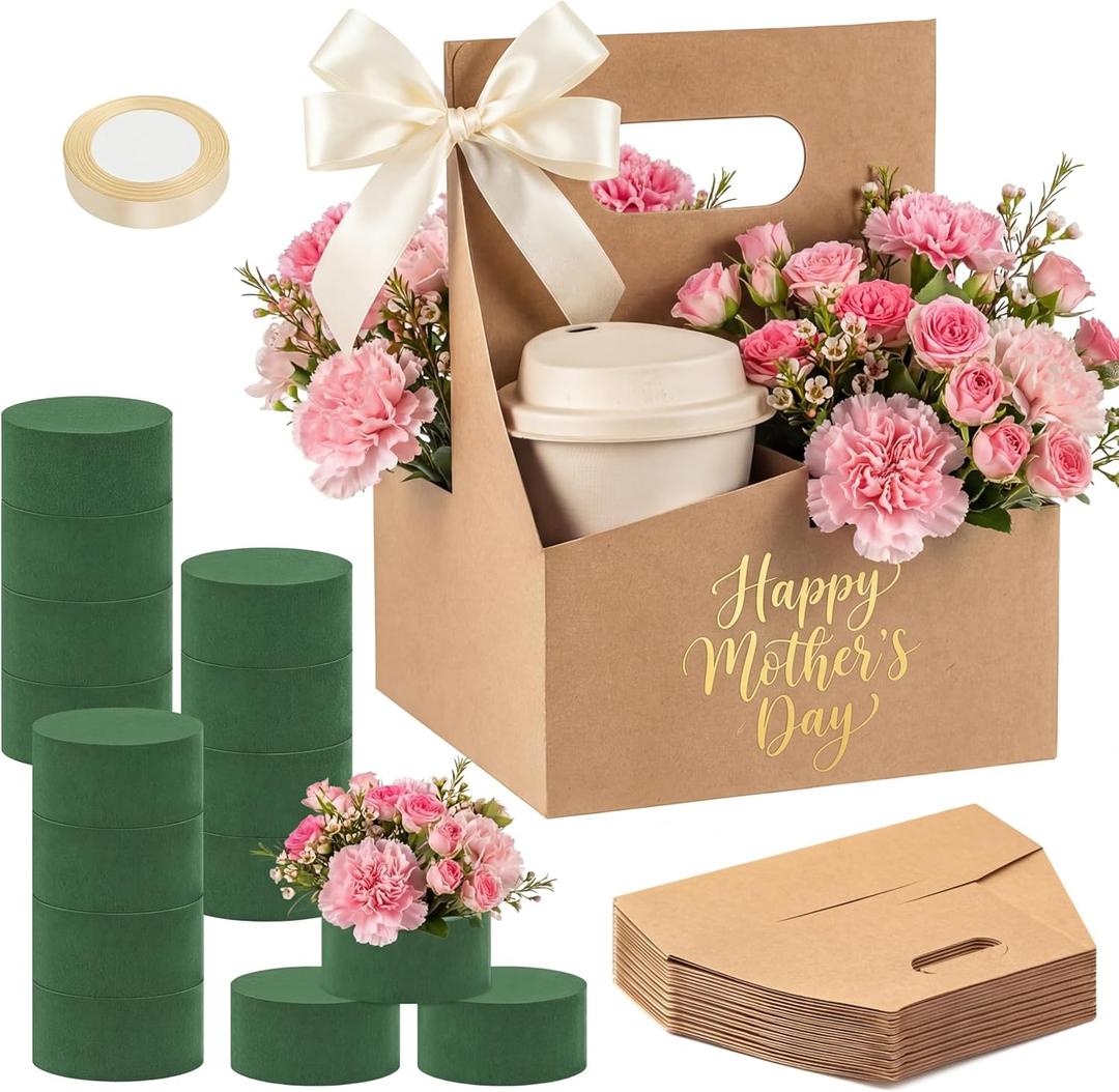 Reallnaive 18 Pack Mother's Day Gift 4 Cup Drink Carrier with Handle Floral Foam Set Kraft Coffee Carrier Holder Green Round Flower Foam Gift Cards for Teacher's Day Appreciation Party Favors