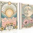 Sun and Moon Celestial Wall Art Set of 2, Vintage Tarot Astrology Wall Decor, Sun Flower and Full Moon Lotus Poster Canvas Painting Prints Picture for Bedroom Living Room 12x16 inch Framed