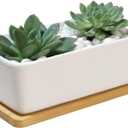 LANKER 6.5 Inch Rectangle White Ceramic Succulent Planter Pot Decorative Cactus Plant Pot Flower Container with Bamboo Tray (Rectangle 6.5 Inch)
