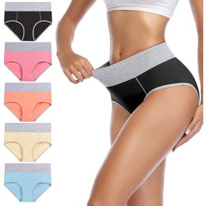 wirarpa Women's Cotton Underwear High Waist Stretch Briefs Soft Underpants Ladies Full Coverage Panties 5 Pack (XL)