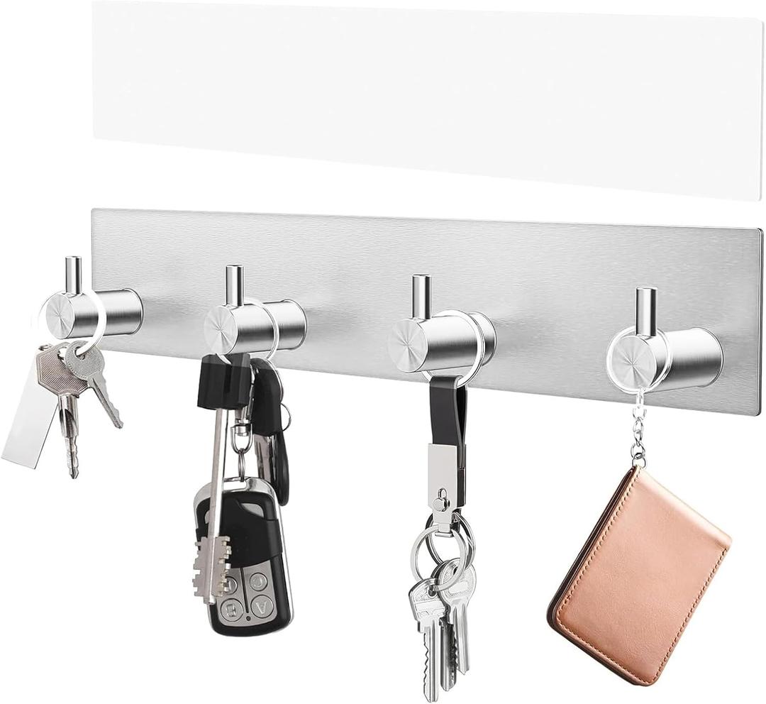 VIS'V Key Holder Wall Mount, Large Metal Self Adhesive Key Hanger with 4 Hooks, No Drilling, Extra Adhesive Strip, Silver