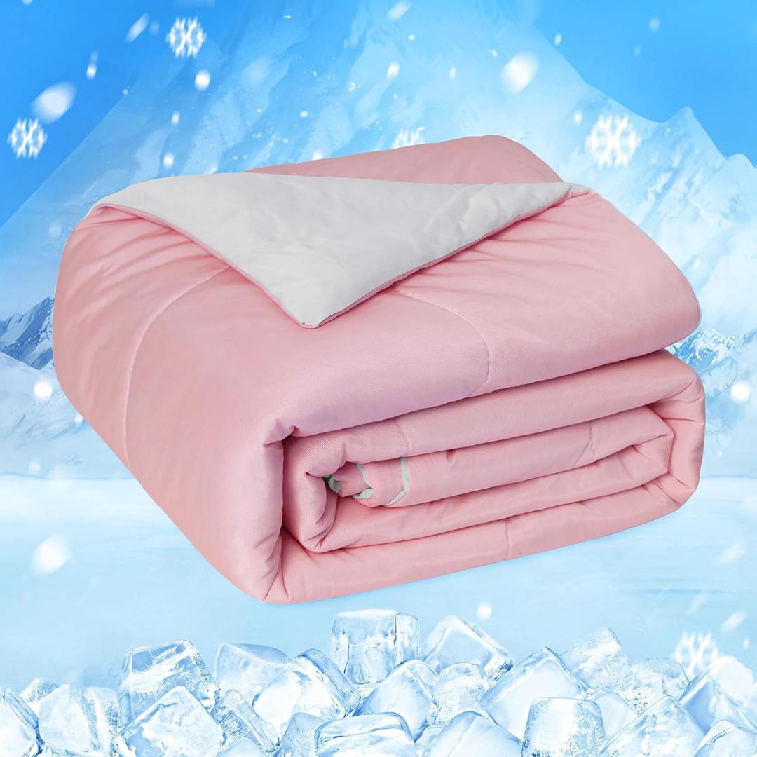 HOMFINE Cooling Comforter Japanese Double-Sided Cold Tech Fabric Cooling Blanket for Night Sweats Hot Sleepers, Q-Max 0.45 Soft Breathable Silky Smooth Lightweight Pink Summer Comforter King
