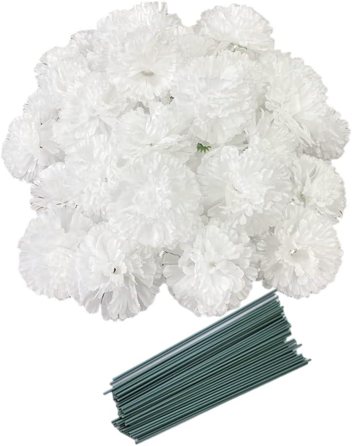 50 Artificial Silk Carnation Flower Head with Stems Set,Vase Fillers for Bridal Wedding Party Birthday Cake Ornaments,DIY Wrist Corsage, 3" Multiple Petals Heads (Pure White)