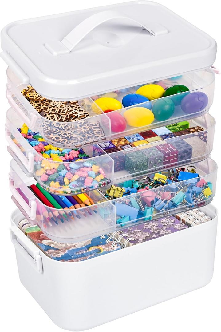 16 QT Stackable Craft Storage Organizer Box with Handle, White, Removable Trays for Art Supplies and Crafting 11.1''x10.83''x10.83''(4 Layer-White)