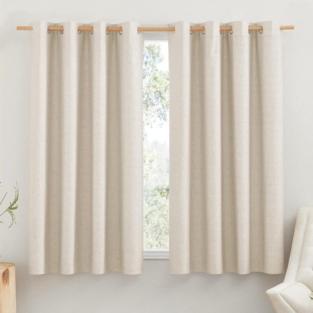 NICETOWN 100% Absolutely Blackout Linen Curtains with Thermal Insulated White Liner, Beige, 52" Wide by 45" Long, 2 Pieces, Anti-Rust Grommet Natural Burlap Fabric Window Drapes for Bedroom/Kids Room