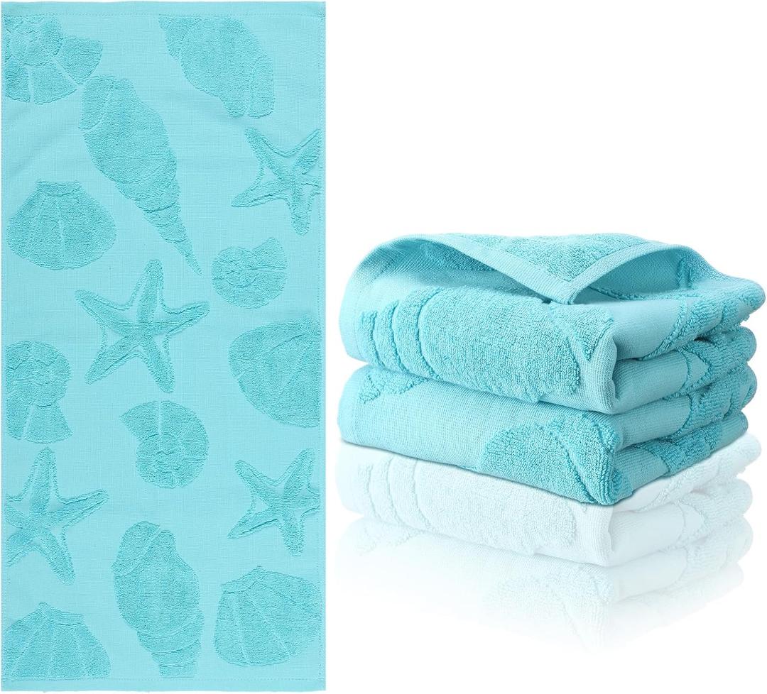 2 Pcs Coastal Hand Towels for Bathroom Summer Sea Starfish Shells Bathroom Hand Towel Beach Nautical 100% Cotton Jacquard Weave Dish Washcloth for Kitchen Beach Theme Gifts 12.6 x 28.35 Inch (Teal)