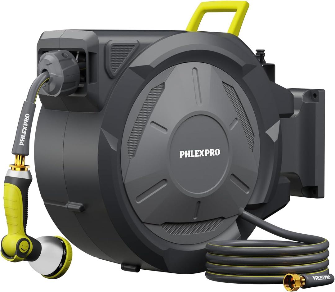 110 FT x 1/2" Retractable Garden Hose Reel, Heavy Duty Automatic Hose Reel Wall Mount - 3/4in Brass Fitting 10 Pattern Nozzle, Any Length Lock Slow Retraction 180° Swivel, Upgraded UV Resistant