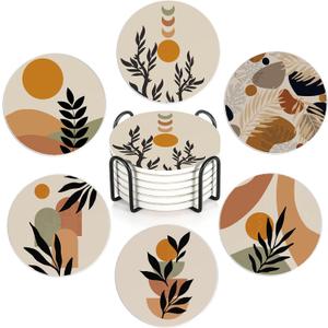 Drink Coasters Set of 6 with Holder, Abstract Boho Sun Leaves Absorbent Ceramic Coasters with Cork Base, Fit All Cups, Great Gift for House warming, Room Decor, Bar, Holiday Party