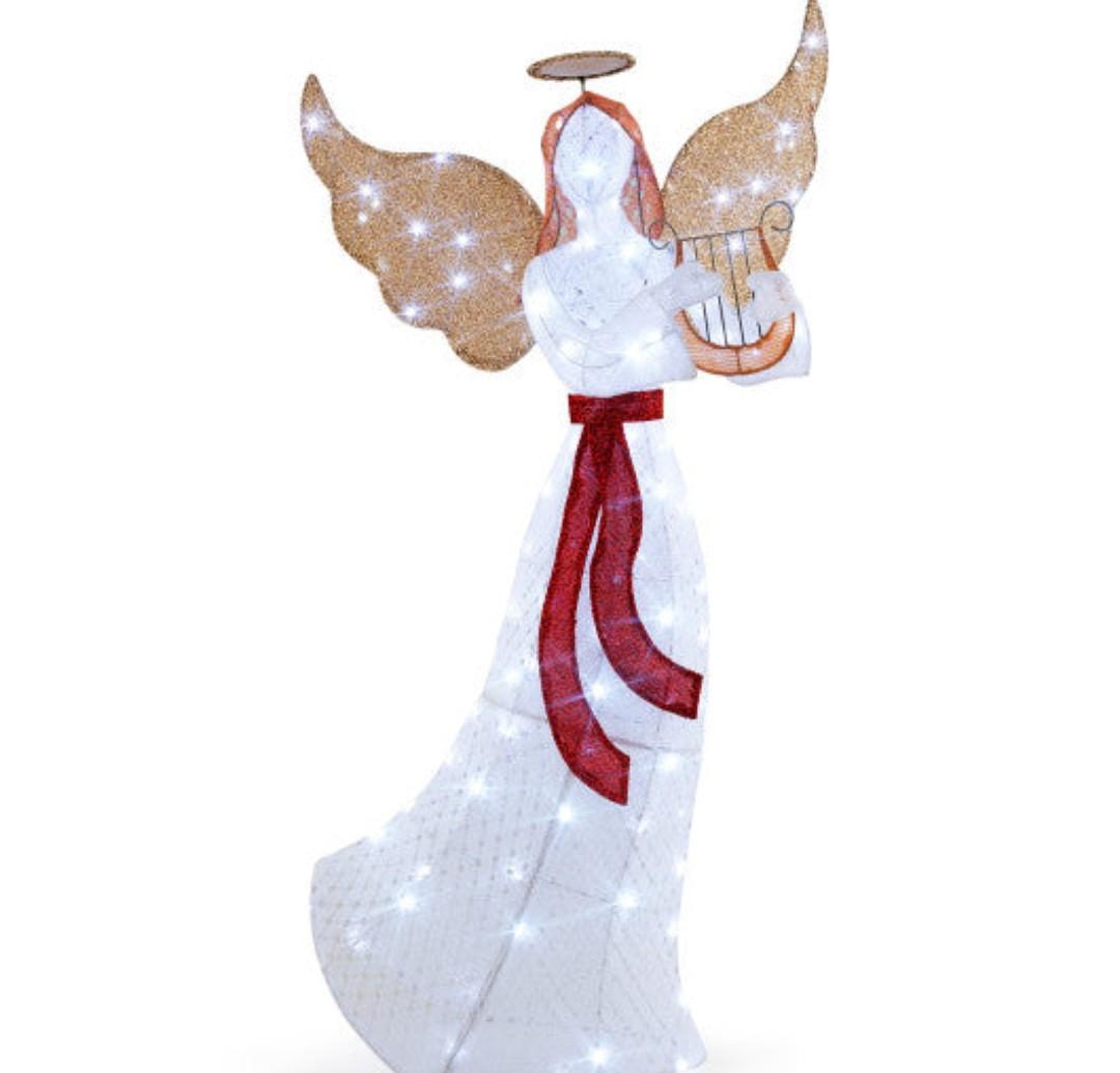 5 Ft Christmas Lighted Angel With Harp And 120 Cold White LED Lights