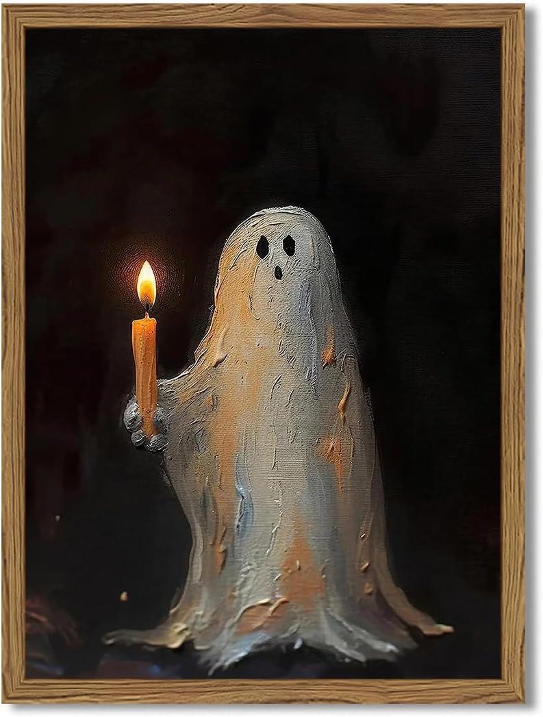 Framed Vintage Halloween Ghost Canvas Wall Art, Cute Ghost Holding Candle Pictures Wall Decor, Spooky Gothic Dark Academia Paintings Prints for Living Room Bedroom Bathroom 16x24 inch