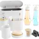 11-Piece White Bathroom Set with Mini Trash Can & Glass Mouthwash Dispenser - Modern Farmhouse Organizer with Soap Dispenser, Toothbrush Holder & Apothecary Jars for Sink Counter