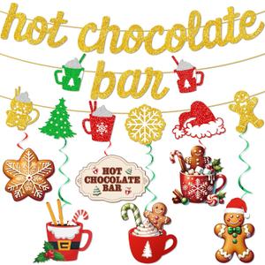 2 x Hot Chocolate Bar Banner Merry Chritmas Decoration Christmas Party Decorations with Banner Christmas Garland Hanging Swirls for Christmas Holiday Theme Party Decor