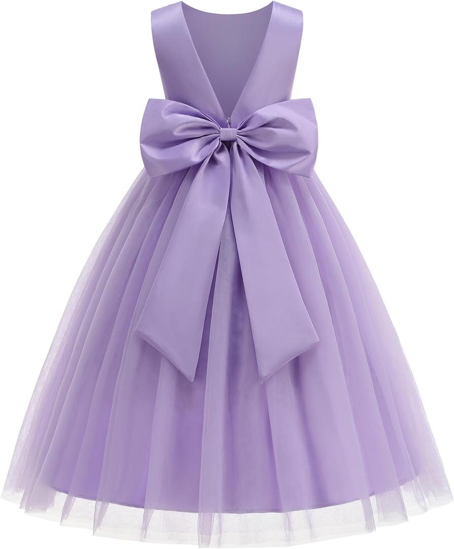 Flower Girl Dress Girls Dresses Wedding Satin V-Back Pearls for Pageant Prom Ball Gowns Party (10-11 Years, Purple)