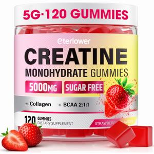 Creatine Monohydrate Gummies, 5g Creatine Gummies for Women & Men.Pre-Workout & Muscle Growth Support, Contains BCAA, Collagen, Sugar-Free, 120 Count, EXP: 10/27/2027