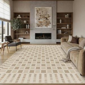 PureCozy Checkered Rug 8x10 for Living Room Brown Machine Washable Large Rug Non-Slip Stain Resistant Low Pile Boho Accent Indoor Office Throw Carpet for Bedroom Playroom Nursery