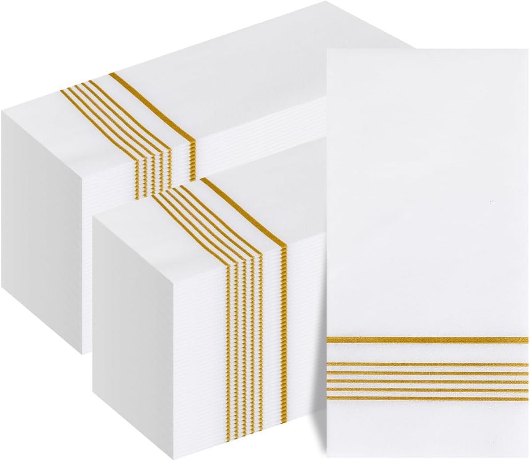 200 PCS Gold Napkins Disposable Hand Towels, Soft and Absorbent Linen Feel Dinner Napkins, White and Gold Paper Napkins, disposable hand towels, Paper Guest Towels for Bathroom Kitchen Wedding Party
