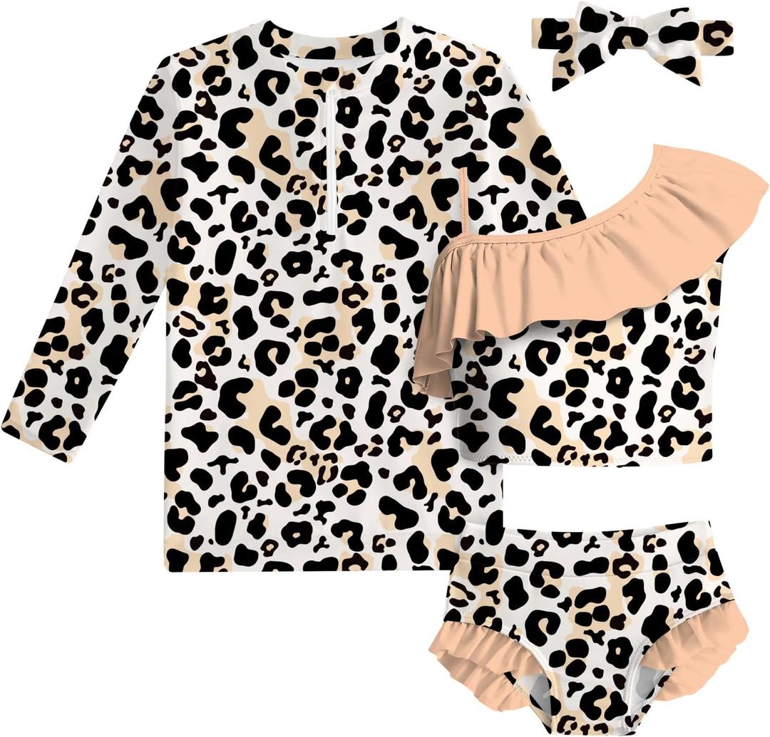Funnycokid Baby Toddler Girls Swimsuit 4 Piece Bathing Suit Long Sleeve Rash Guard Sets 12 Months - 7 Years (White)