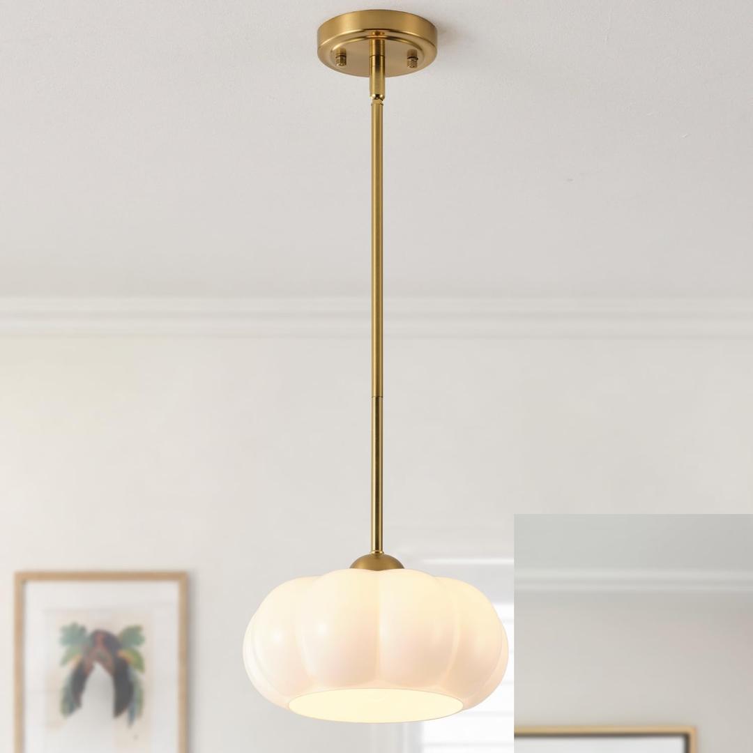 Vintage Brass Semi Flush Mount Pendant Light,10in Milk Glass Pendant Light Fixture, Mid Century Art Deco Chandelier for Kitchen Dining Room Hallway Bedroom