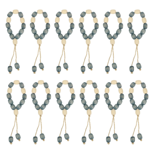 12 Pcs Wooden Bead Napkin Rings with Jute Rope Tassels (White/Blue)