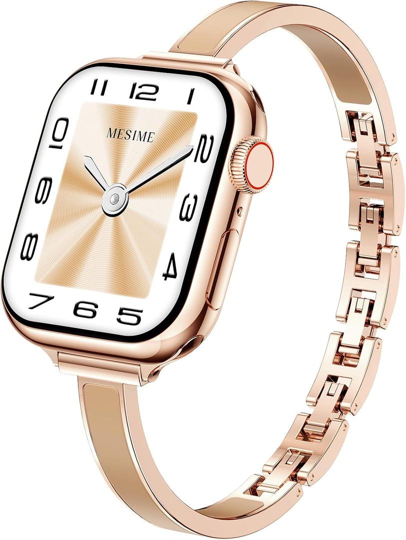 Mesime Slim Watch Band Compatible with Apple Watch Bands for Women 49mm 46mm 45mm 44mm 42mm 41mm 40mm 38mm, Jewelry Bracelet Metal Strap for iWatch Ultra 3/2/1 Series 11/10/9/8/7/6/5/4/SE/3/2/1 (Rose Gold + Nude)