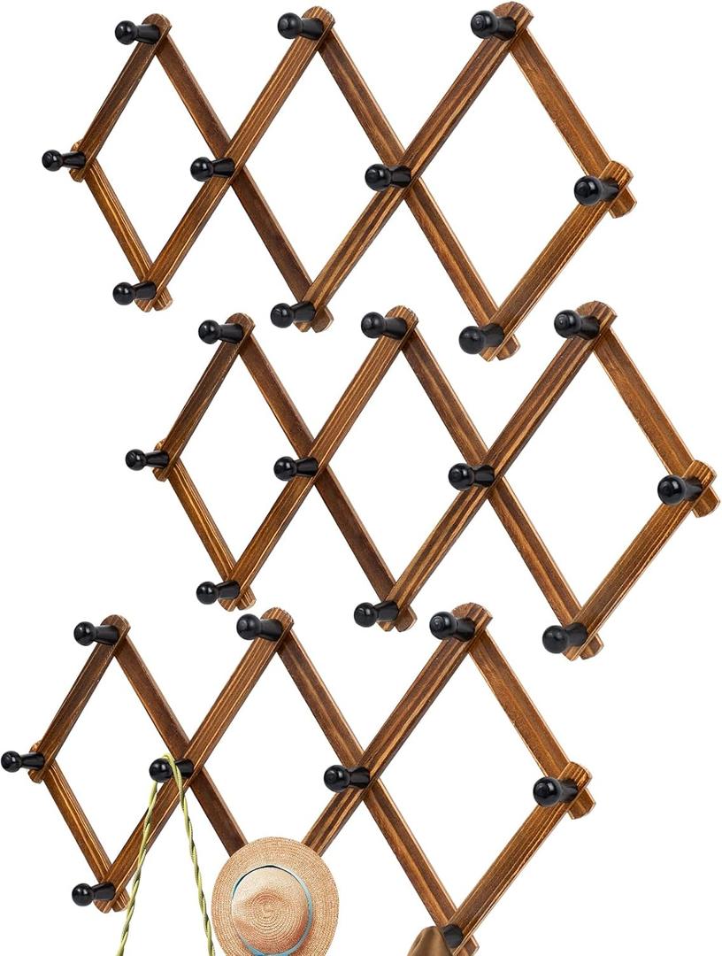 Accordion Wall Hanger, Wood Expandable Wall Mounted Hanger with 10 Hooks for Coats, Hats, Coffee Mug Ect, 3 Packs Included, 30 Pegs, Walnut Color, Retro Style