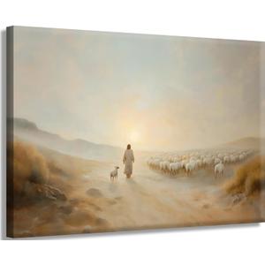 Jesus Leaves the 99 Wall Art Jesus Sheep pictures Wall Decor The Lost Lamb Poster Print Christian Landscape Painting Artwork for Gallery Church Home Decoration 16x12in Canvas (Brown)